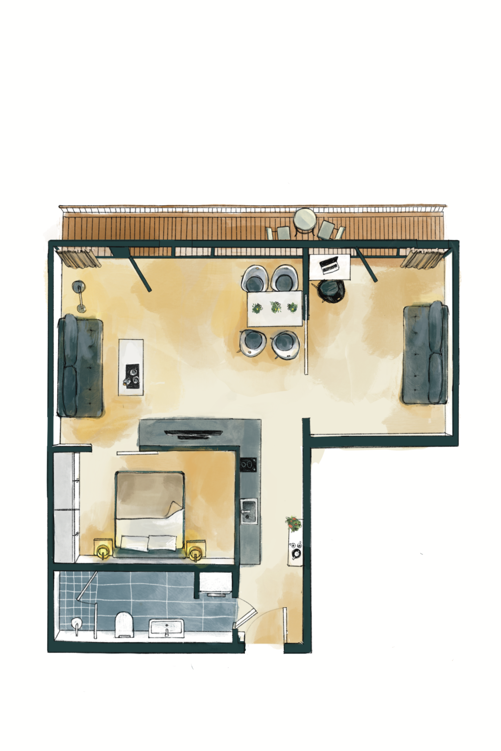 Grundriss des Panorama Apartments im Wavehotel Potsdam mit Schlafzimmer, Küche, Wohnzimmer, Bad und Balkon mit Seeblick