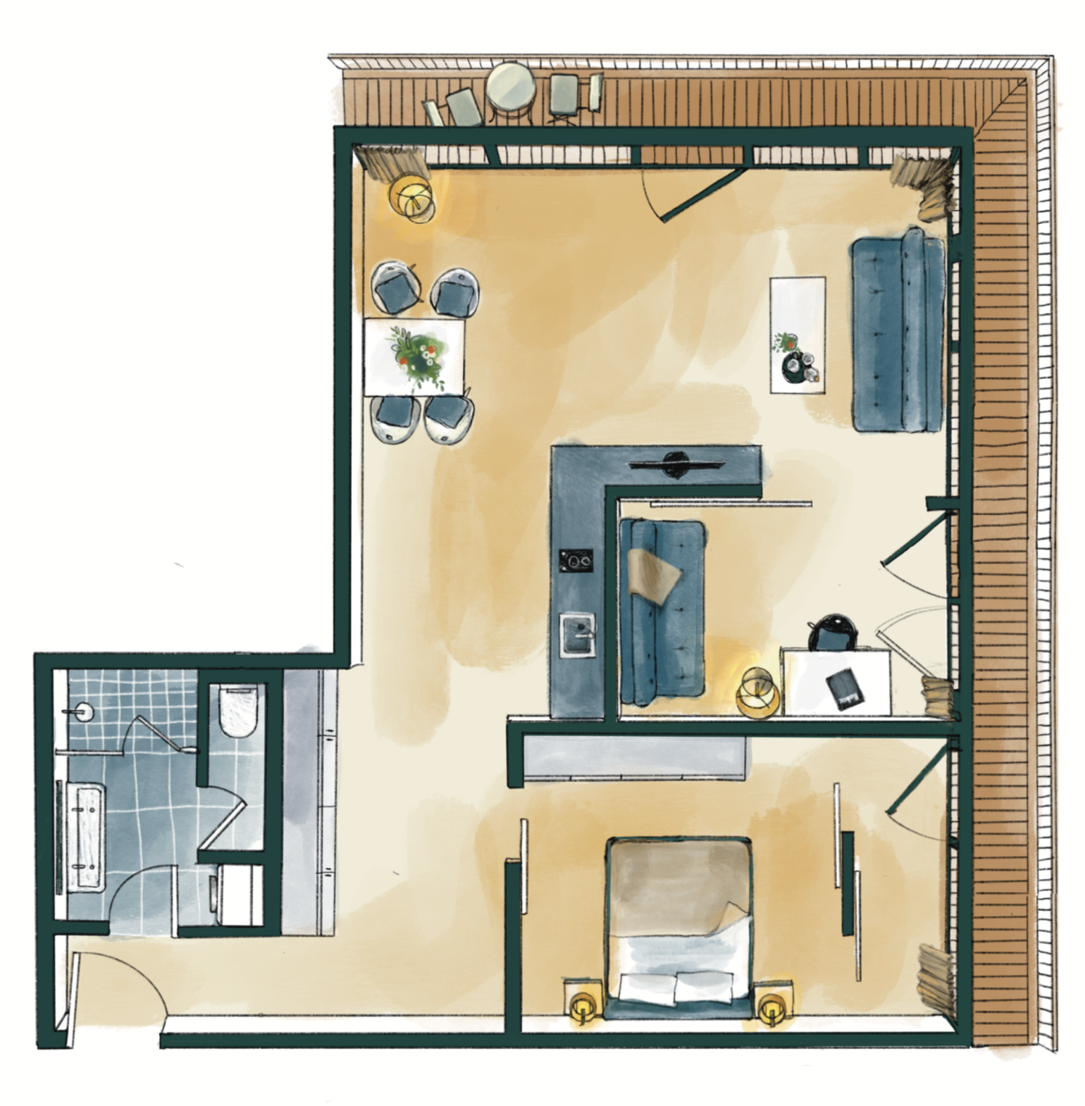 Grundriss des Corner Apartments im Wavehotel Potsdam mit zwei Schlafzimmern, Küche, Wohnzimmer, Bad und Balkon mit Seeblick