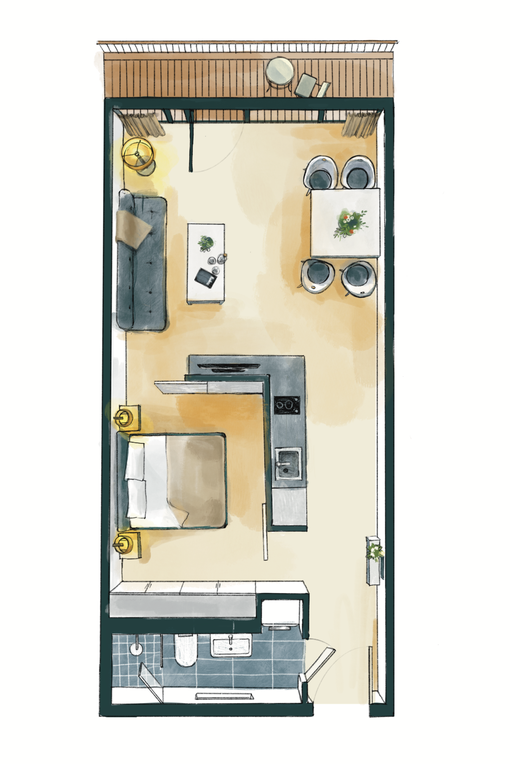 Grundriss des Seeblick Apartments im Wavehotel Potsdam mit einem Schlafzimmer, Küche, Wohnzimmer, Bad und Balkon mit Seeblick