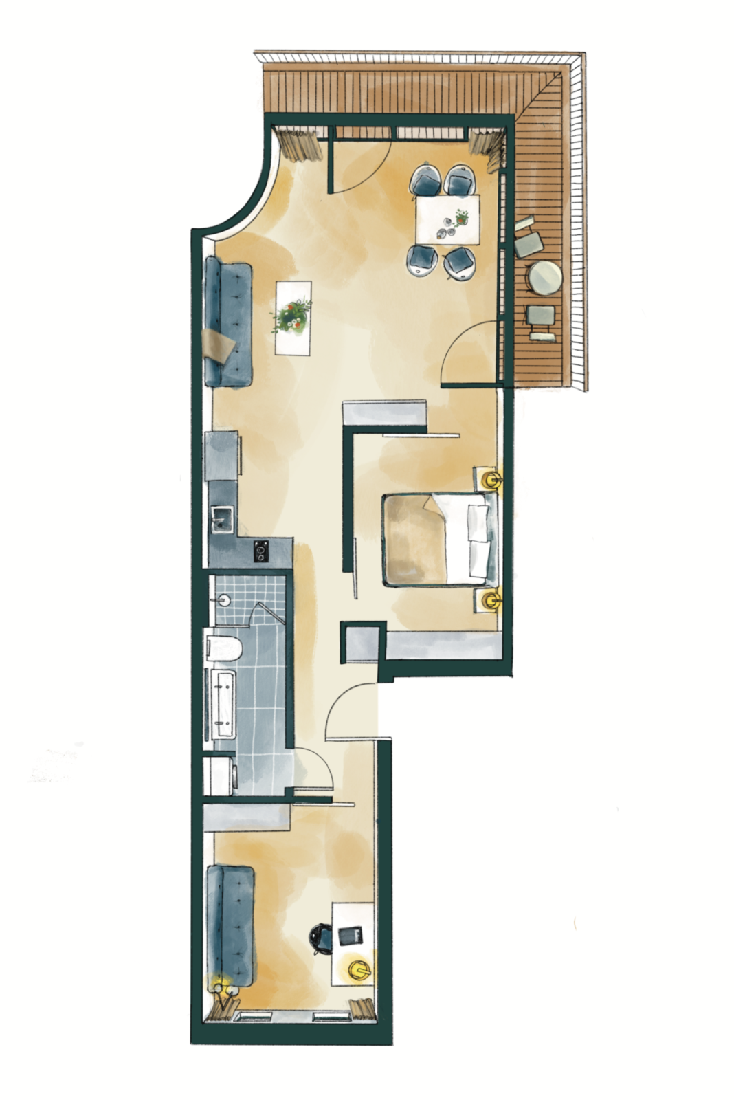 Grundriss der 2-Zimmer-Ferienwohnung im Wavehotel Potsdam mit zwei Schlafzimmern, Küche, Wohnzimmer, Bad und Balkon mit Seeblick