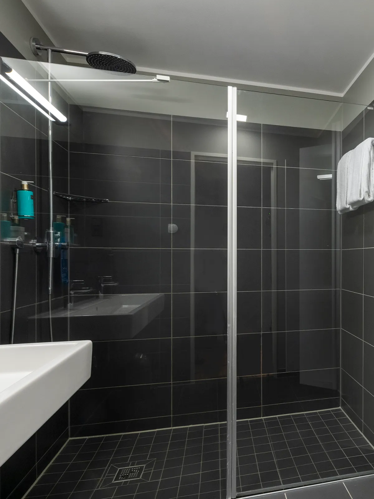 Modernes Badezimmer im Waveboard Hotel Potsdam mit eleganter, ebenerdiger Regendusche, Glasabtrennung und dunklen Fliesen für ein stilvolles Ambiente. Hochwertige Ausstattung und durchdachtes Design sorgen für Komfort und Entspannung.