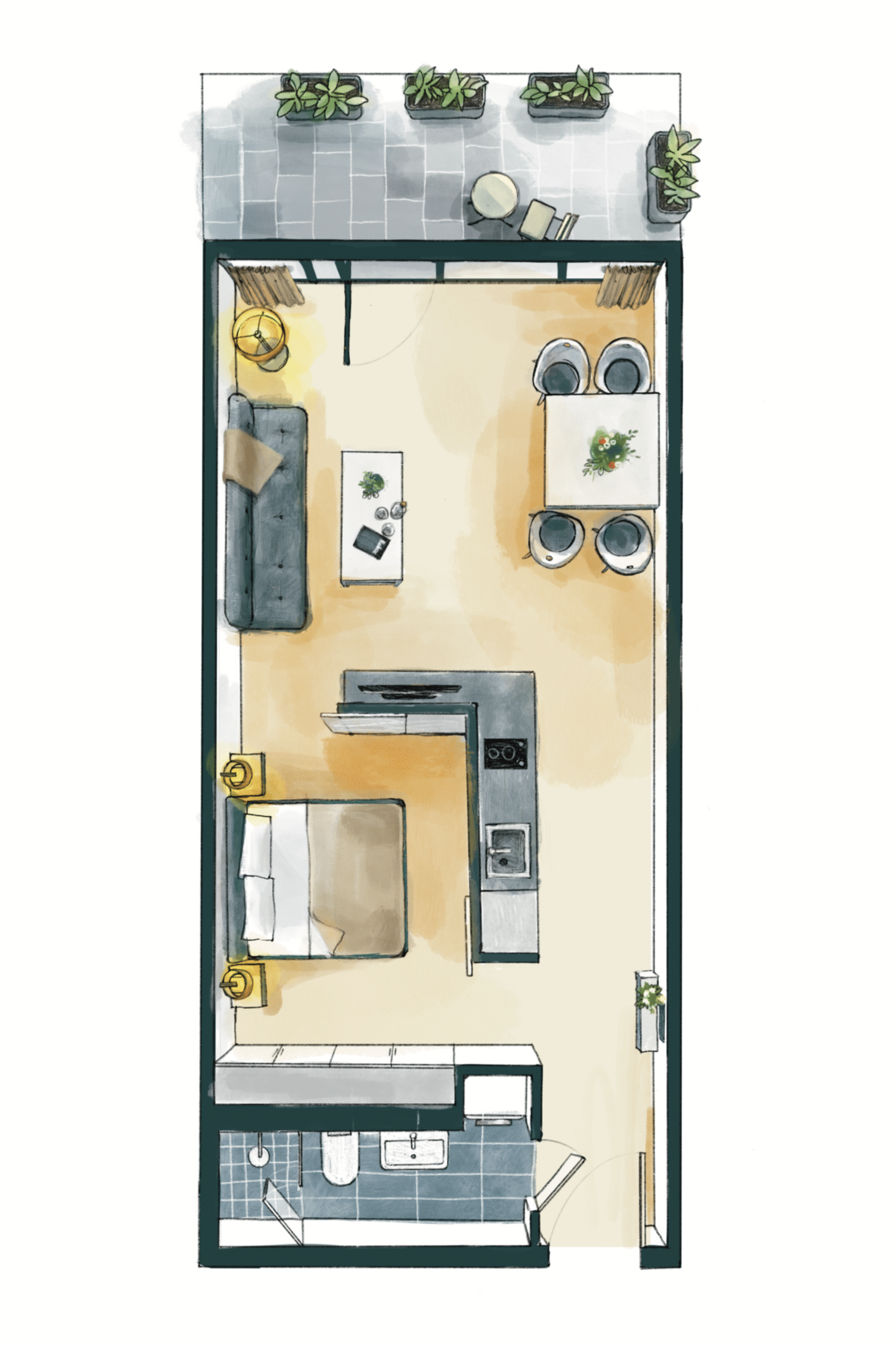 Grundriss des modernen Apartments im Wavehotel Potsdam mit Wohnbereich, Küche, Schlafzimmer, Bad und Balkon mit Seeblick